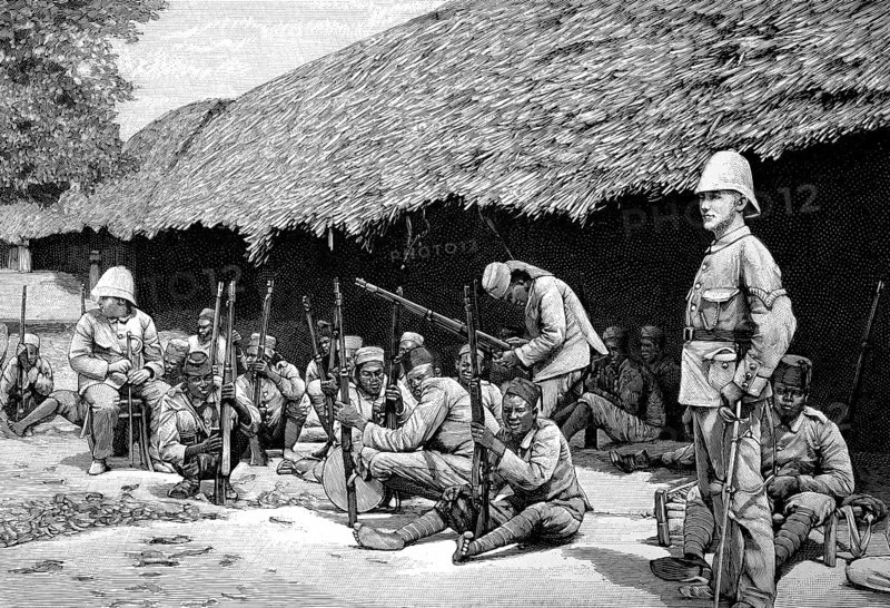 German East Africa, Schutztruppe, Colonial troops, German colonial empire, Cleaning the weapons, Illustration from 1894, Reproduction, digitally enhanced, Historical