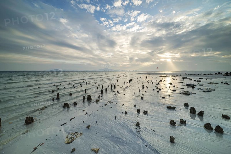 Structures in the sand at sunrise on Sivalai Beach, Koh Mook Island, Satun Province, Southern Thailand, Thailand
