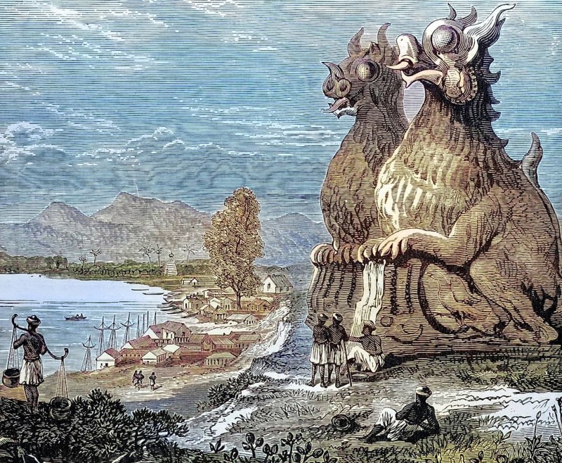 Dragon figures at the Irrawaddy, Myanmar, Burma, coloured wood engraving, Reproduction from a model from ca 1888, Historical, Monumental statues overlooking coastal town with ships and mountains