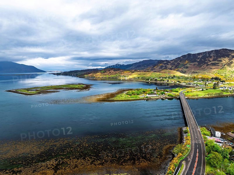 Loch Long Bridge or Dornie New Bridge from a drone, Loch Long River, Highlands, Scotland, England, United Kingdom