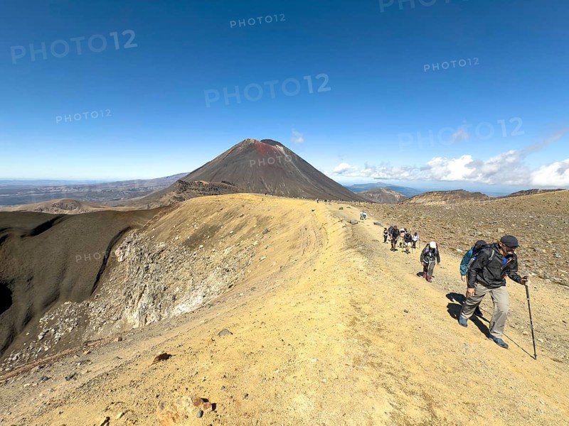On the hiking trail of the Tongariro Alpine Crossing in Tongariro National Park with a view of the volcano Mount Ngauruhoe, North Island, New Zealand, Oceania