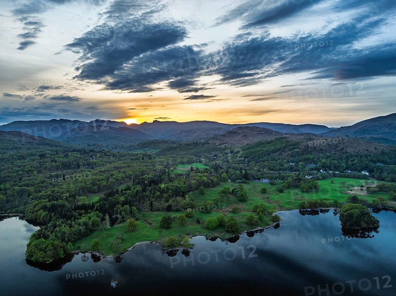 Sunset over Windermere Lake from a drone, Ambleside, Lake District, Cumbria, England, United Kingdom