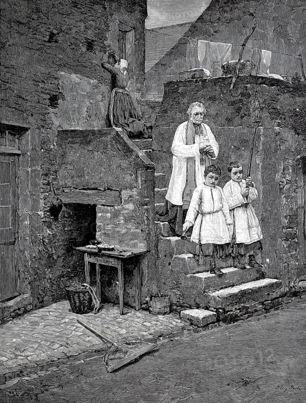 The last sacraments, Priest with altar boys leaving a house in which someone has died and he has administered the last rites, In the background a woman mourns, 1880, France, Historical, Digitally restored reproduction from a 19th century original, Record date not stated