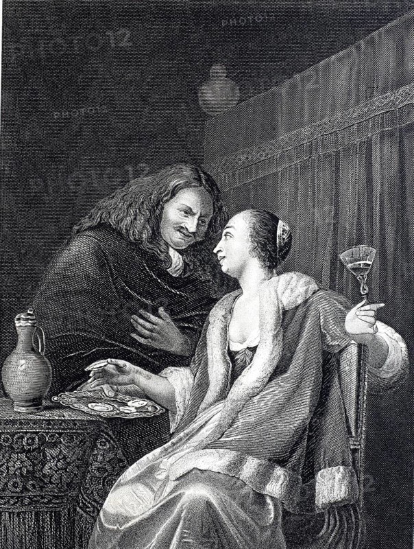 Man Serving a Tray of Oysters to a Woman, 1680, France, Historical, digitally restored reproduction of a 19th century original, A man and a woman sit close to each other in a private moment at a drinking party