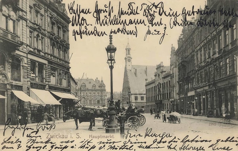 Historical postcard, picture postcard, The main market in Zwickau, Saxony, Germany, digitally enhanced reproduction of an original from around 1900, picture postcard