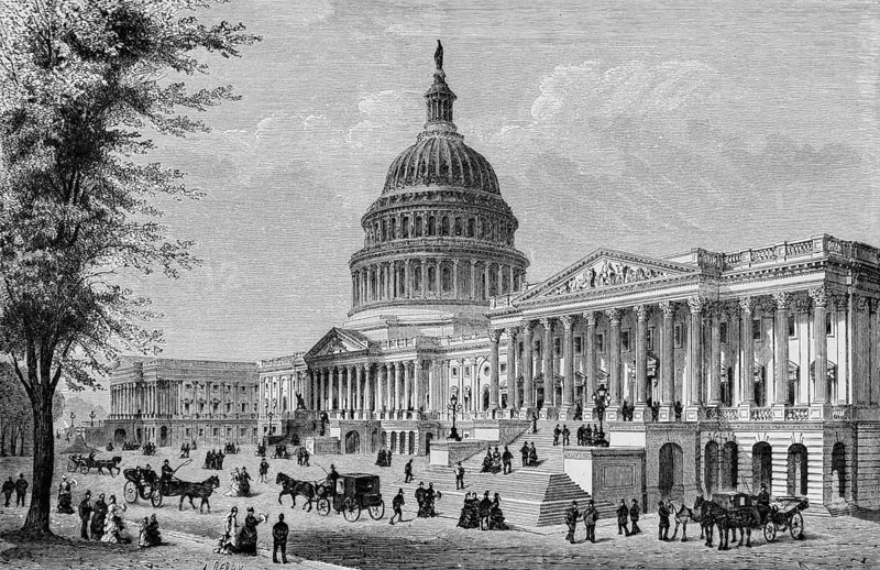 Dome of the Capitol Building, seat of the US Congress, legislature, architecture, architectural style classicism, horse-drawn carriages, walkers, stairs, columns, Washington D.C., North America, historical illustration 1888