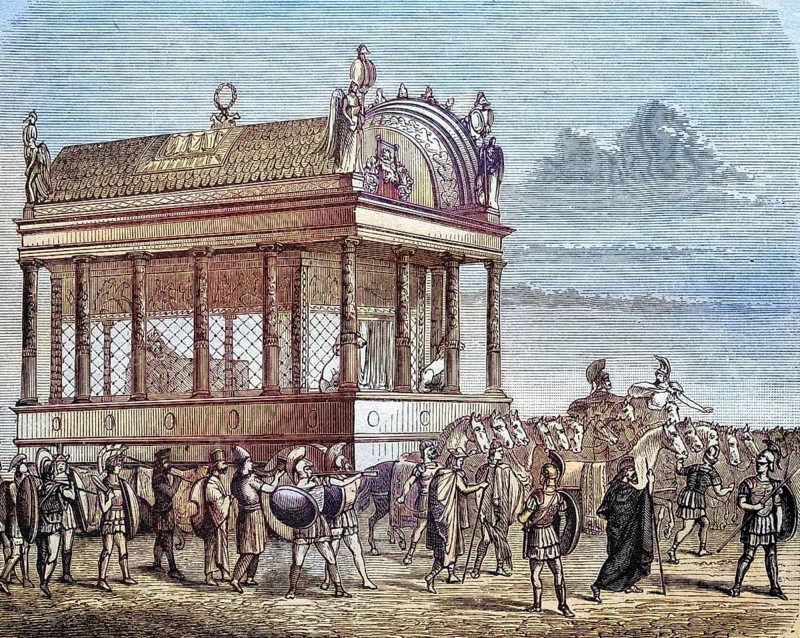 The funeral carriage with the body of Alexander the Great, coloured wood engraving, reproduction of a model from ca 1888, Historical, Ceremonial procession around an ancient, artistic building with Colosseum elements