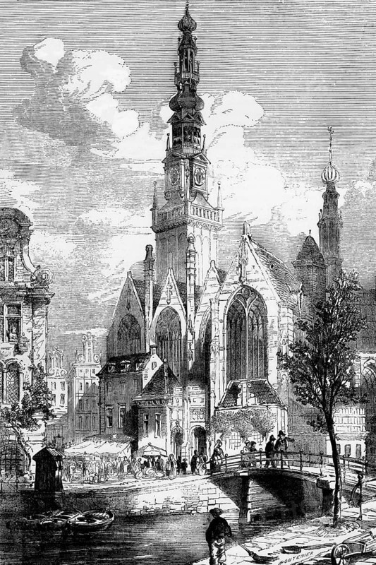 The Oude Kerk is Amsterdam's oldest building and oldest parish church. It was consecrated in 1306 by the Bishop of Utrecht with St Nicholas as its patron saint and became a Calvinist church after the Reformation in 1578, here around 1820, digital reproduction of a historical model