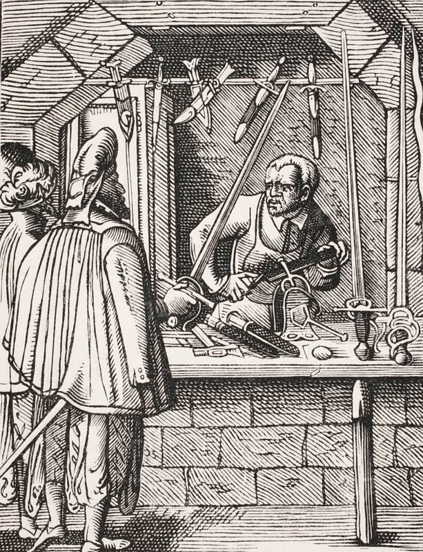 Swordmaker. Reproduction of a woodcut from the 16th century by Jost Amman from the 19th century, digital reproduction of a historical model