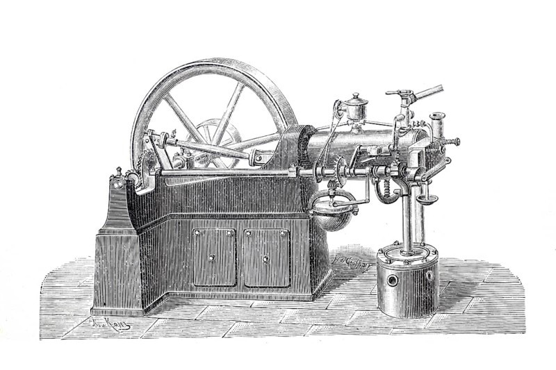 Horizontal engine, gas engine, by Nicolaus August Otto (10 June 1832 to 26 January 1891) was a German inventor of many details still used today in internal combustion engines, historical, digitally enhanced reproduction of a 19th century model