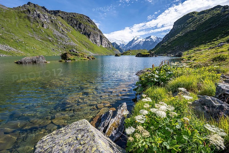 Flowers on the shore, mountain lake with view of mountain peaks, Lac du Louvie with summit Grand Combine, Valais Alps, Val de Bagnes, Valais, Switzerland