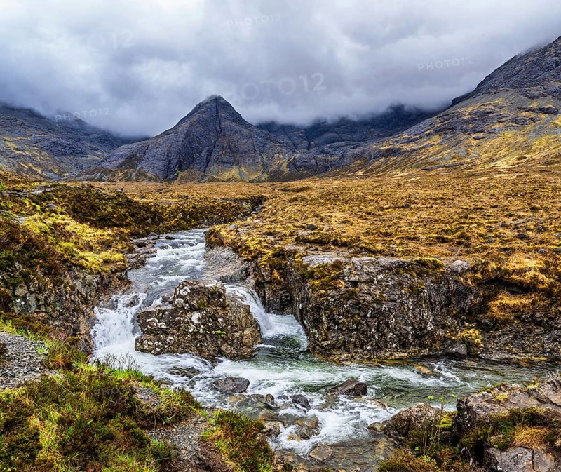 Panorama of Fairy Pools and Waterfalls, Glen Brittle, Black Cuillin, Isle of Skye, Scotland, UK