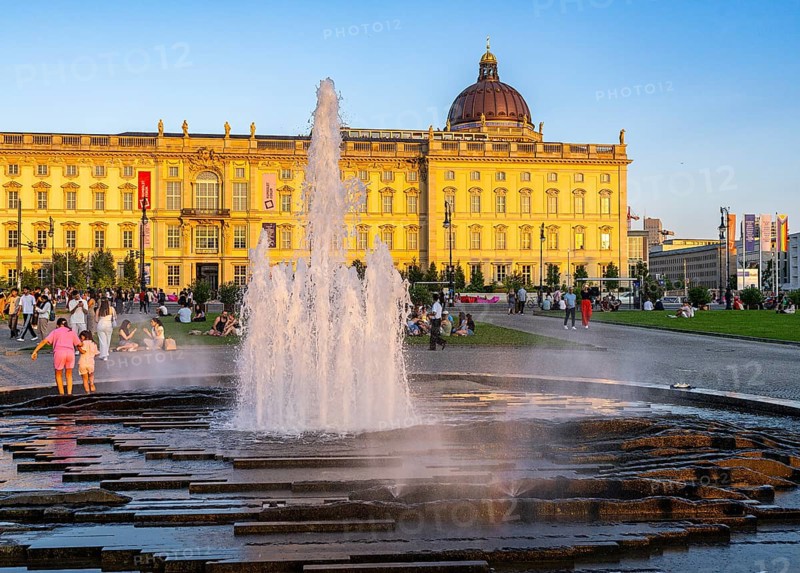 The Lustgarten with fountain and the Humboldt Forum, Berlin, Germany