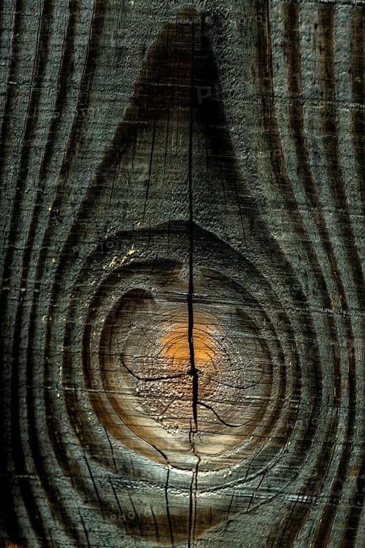 This close-up highlights the intricate details of weathered wood, featuring a unique knot, cracks, and a warm tone emanating from the grain, emphasizing nature's artistry
