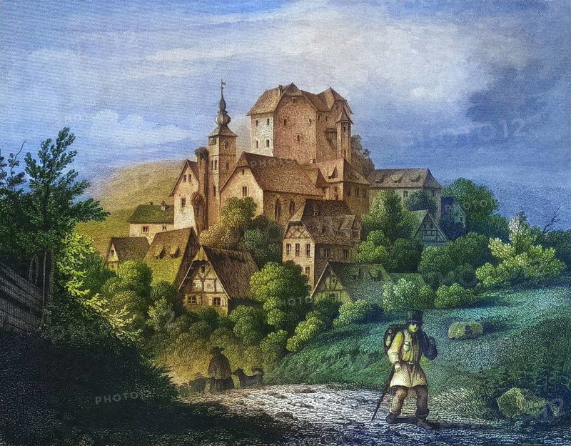 Castle and town of Hiltpoltstein, around 1850, Franconian Switzerland, district of Forchheim, Upper Franconia, Bavaria, Germany, digitally enhanced reproduction from a 19th century original, coloured, historical, exact date unknown