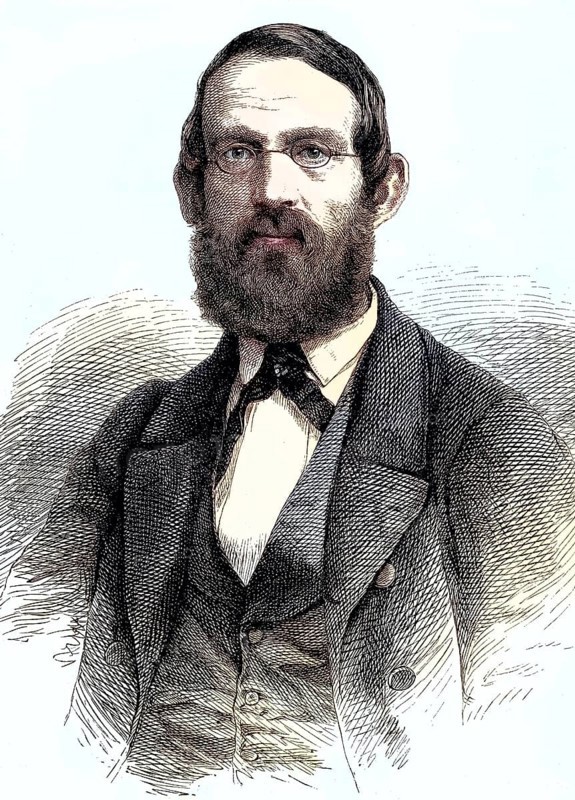 Matthäus Friedrich Chemnitz, 1815-1870, wrote the text for the Schleswig-Holstein song in 1844, coloured woodcut from 1864, portrait of a man with a beard in a formal suit. Expressive eyes, drawn in detail