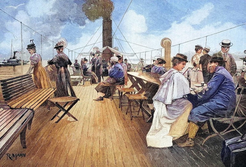 On the deck of a Lake Constance steamer, Germany, coloured wood engraving, reproduction from a model from ca 1888, historical, people enjoying leisure time on the deck of a ship, smoke rising into the air