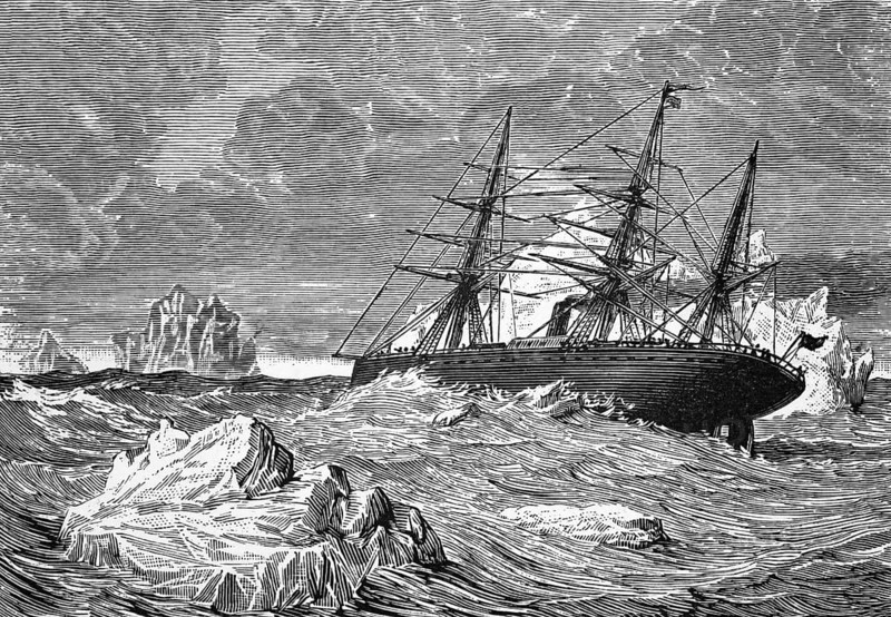 An ocean liner between icebergs, the Strait of Belle Island (or Strait of Labrador) separating Labrador and Newfoundland, c. 1870, Canada, digital reproduction of a historical model