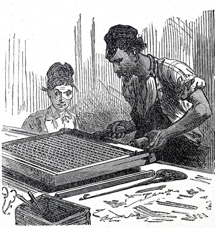 Production of matches, the impregnation of the matches with the frame, digitally enhanced reproduction of a 19th century template, historical