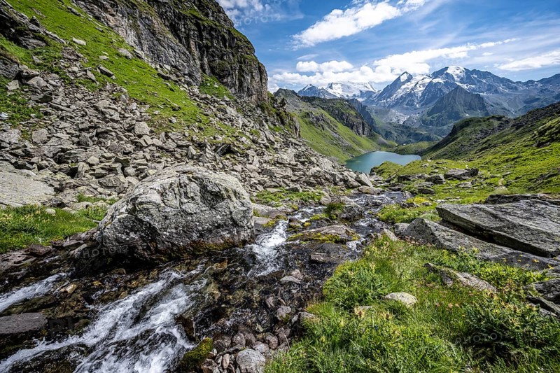Mountain stream in picturesque mountain landscape, view of mountain lake Lac du Louvie and glaciated mountain peaks of the Grand Combine, Valais Alps, Val de Bagnes, Valais, Switzerland