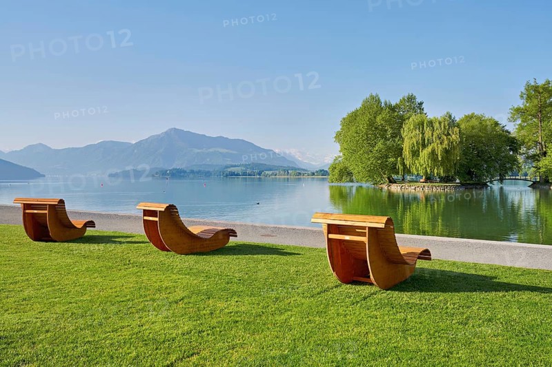 Wooden loungers on Lake Zug, behind the Rigi, Villette, Park, Cham, Canton Zug, Switzerland