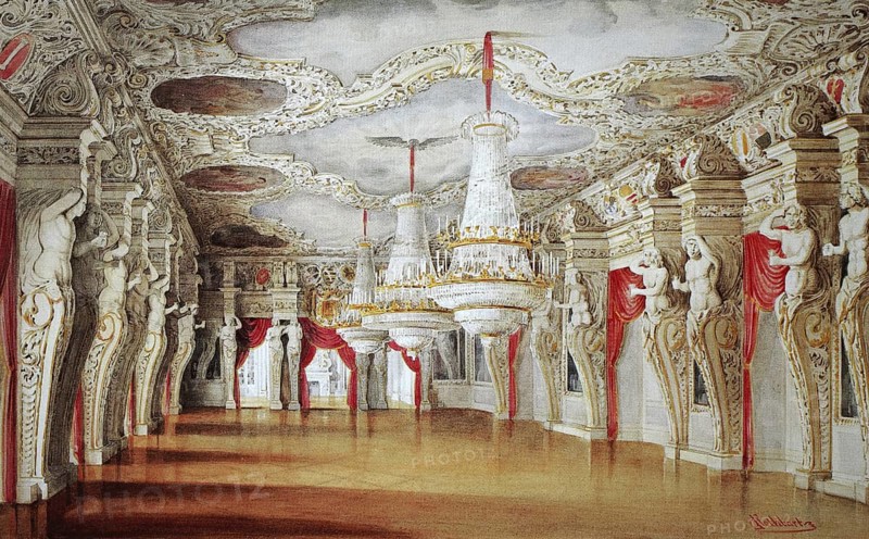 The Giant's Hall in Ehrenburg Castle, 1845, Coburg, Upper Franconia, Bavaria, Germany, Historical, digitally restored reproduction from a 19th century original, Record date not stated