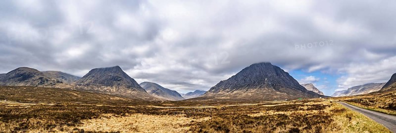 Panorama of Mountains and Moors over Glen Etive Valley, Glencoe, Highlands, Scotland and Buachaille Etive Mòr, The Buachaille, Glen Etive, Highlands, Scotland, UK