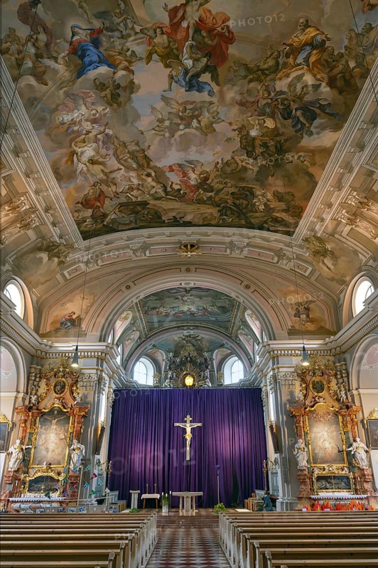 Interior with large purple Lenten cloth in front of the high altar, baroque parish church of St Nicholas, built between 1722 and 1724, Kirchacker 20, Tannheim, Austria