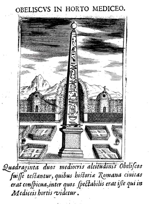 Obelisk, Obeliscus in Horto Mediceo, Guglia nel Giardino de Medici, Rome, Italy, Historical, digitally enhanced reproduction from Grandezze della citta di Roma antiche et moderne by Jacomo Crulli de Marcucci, from the year 1630