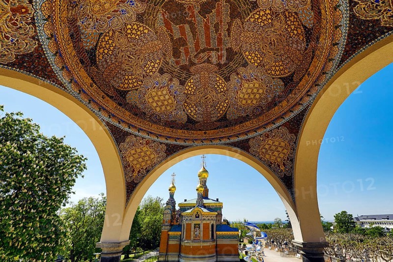 View from the pavilion with artistic mosaic of the Russian Chapel, Mathildenhöhe, UNESCO World Heritage Site, Darmstadt, Hesse, Germany