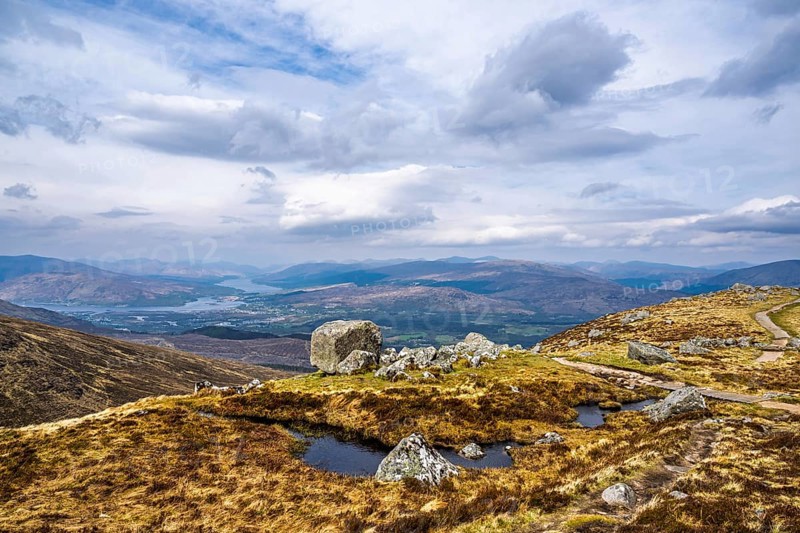 View from Nevis Range Mountains, Grampian Mountains, Fort William, Highland, Lochaber, Scotland, UK