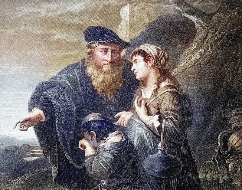 Abraham, according to the biblical book of Genesis one of the three patriarchs of the people of Israel and Hagar, Agar, in the Old Testament the Egyptian handmaid of Sarah, Abraham's concubine, after a painting by Govaert Flinck