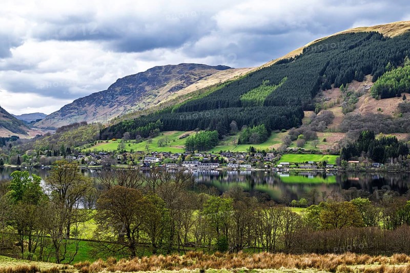 Farm and mountains, Loch Earn, Southern Highlands, Scotland, United Kingdom