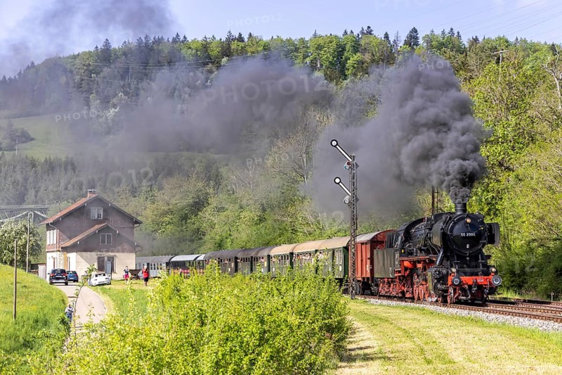 Steam train of the Sauschwänzlebahn steam railway railway steam locomotive at Epfenhofen station in Blumberg, Germany