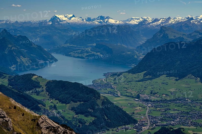 View from Pilatus Kulm mountain station to Stanser Horn, Lake Lucerne, Swiss mountain range, Alps, snow-covered, Canton Lucerne, Switzerland
