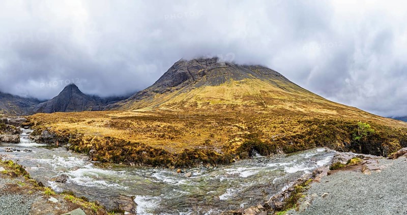 Panorama of Fairy Pools and Waterfalls, Glen Brittle, Black Cuillin, Isle of Skye, Scotland, UK