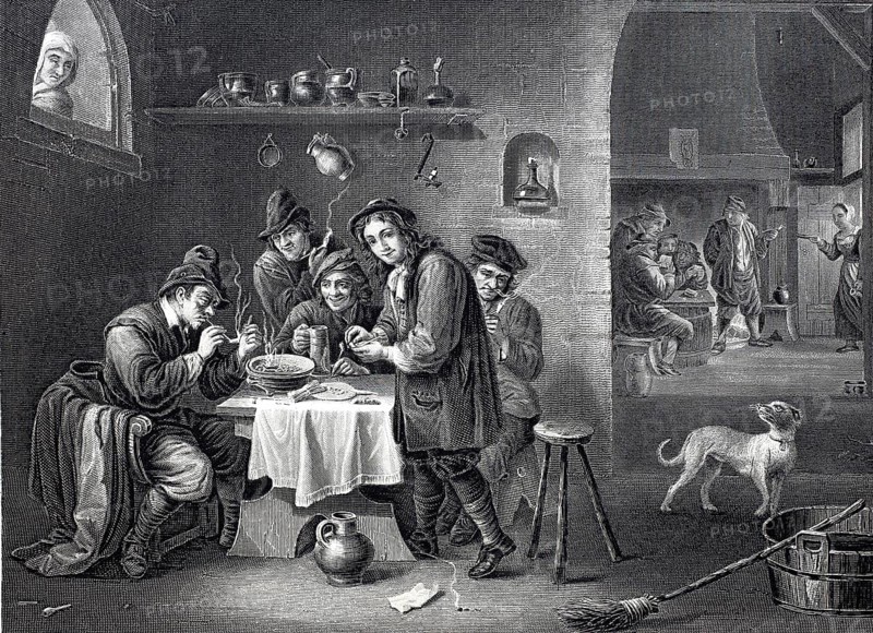 Company of smokers in the parlour of a farmhouse, around 1650, Historic, digitally restored reproduction of a 19th century original, A family enjoying a meal together with a dog in a simple rural interior