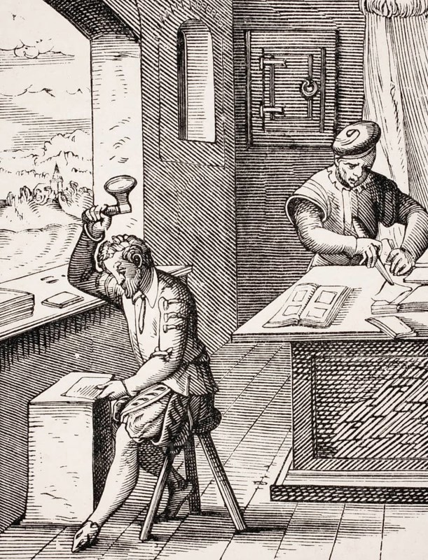 Gold beater. Reproduction of a woodcut from the 16th century by Jost Amman from the 19th century, digital reproduction of a historical model