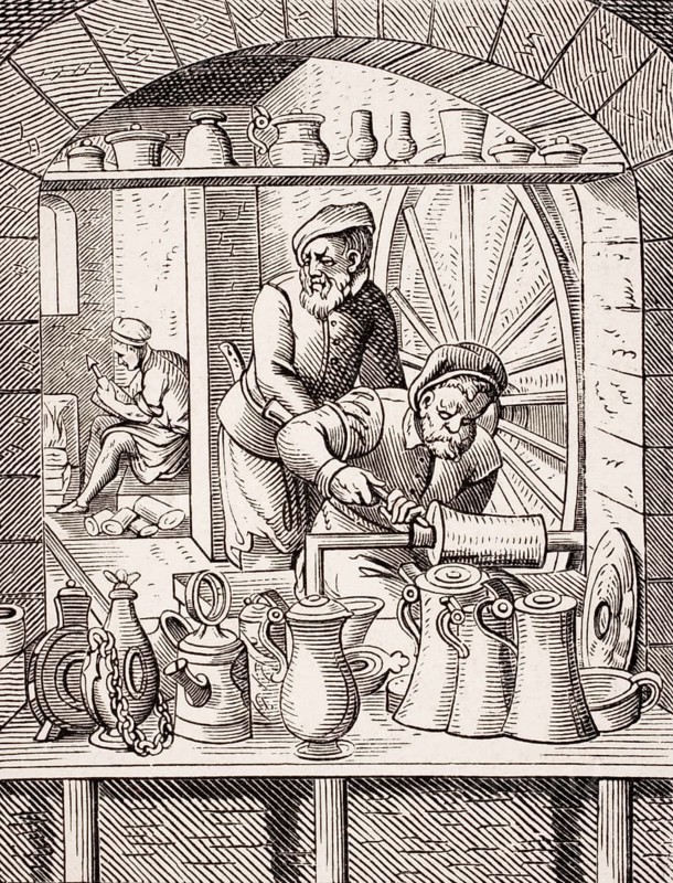 Tin man, tinsmith. Reproduction of a woodcut from the 16th century by Jost Amman from the 19th century, digital reproduction of a historical model