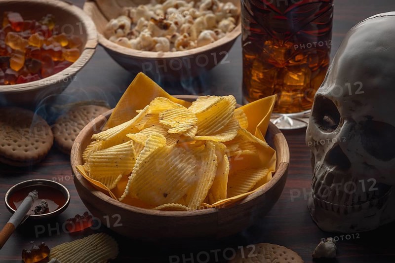 Skull and crossbones next to crisps, jelly babies, popcorn, cola and a smoking cigarette