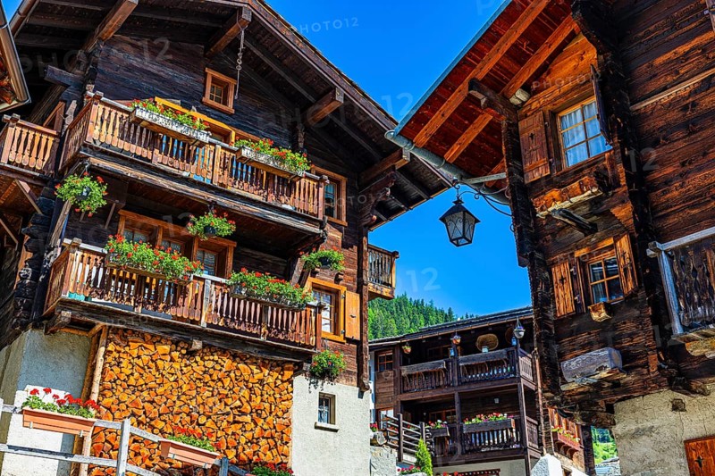 Old wooden houses in log construction, decorated with flowers, historic village centre, Grimentz, Val d'Anniviers, Valais Alps, Canton Valais, Switzerland