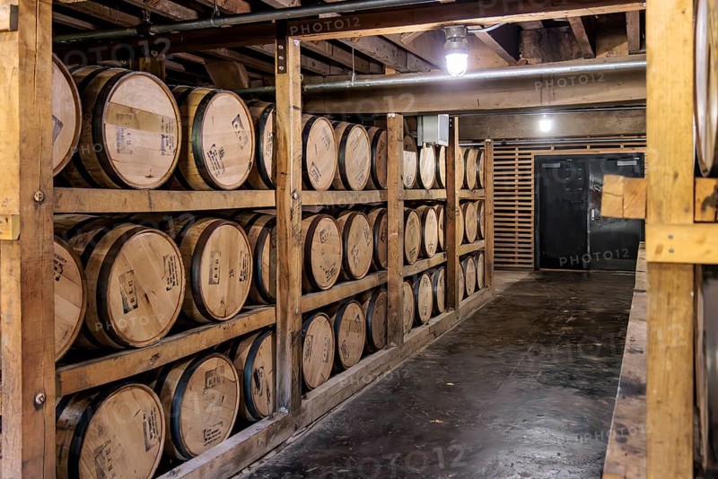 Barrels of whiskey aging in one of the barrel houses at the Jack Daniel Distillery in Lynchburg, Tennessee
