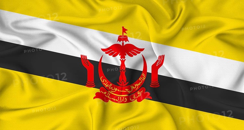 Realistic Brunei flag waving. Close up of flag of Brunei with cloth texture
