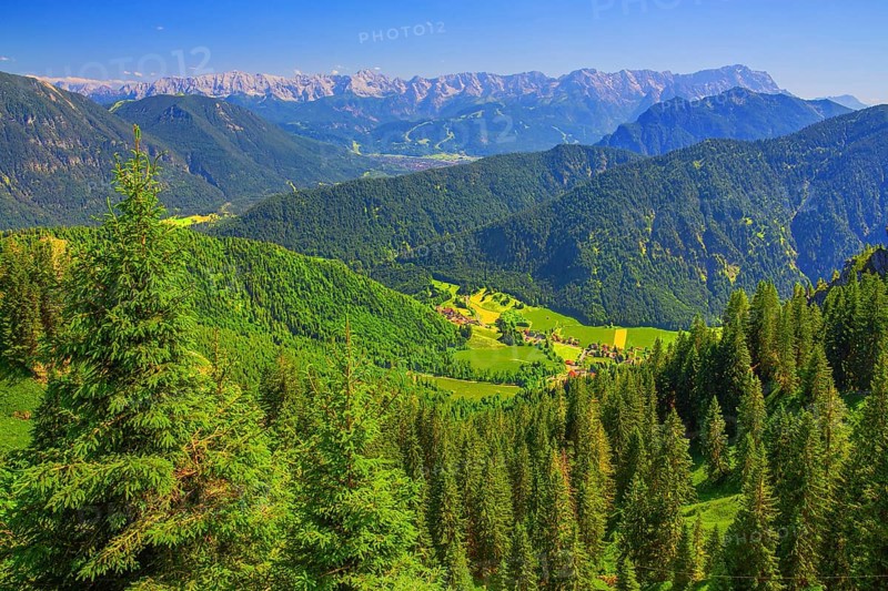 View from the Laber to Ettal and the Wetterstein mountains with the Zugspitze 2962m, Oberammergau, Ammertal, Ammergebirge, Upper Bavaria, Bavaria, Germany