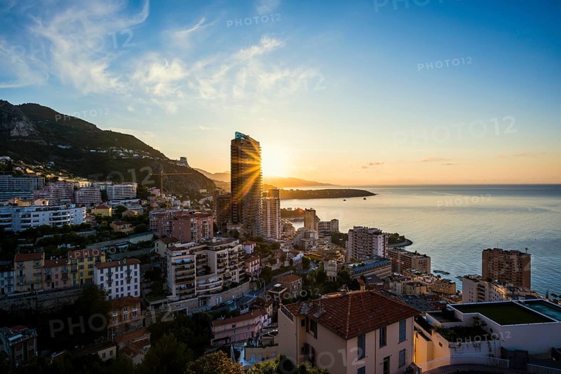 Panorama, Skyline with skyscrapers by the sea, Sunrise, Monte Carlo, Cote d'Azur, Monaco