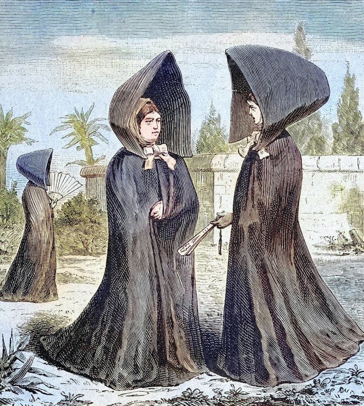 Women's traditional costume from the island of Fayal, Azores, coloured wood engraving, reproduction from a model from ca 1888, historical, woman in medieval hooded cloaks talking to each other outdoors