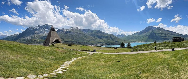 Panoramic view from plateau above Lanslebourg-Mont-Cenis to reservoir Lac du Mont Cenis left Museum Musée du Mont Cenis at pass road to pass Alpine pass mountain pass Col du Mont Cenis Colle del Moncenisio, Mont Cenis massif, Massif du Mont-Cenis, Graian Alps, Lanslebourg, Rhone-Alpes, France