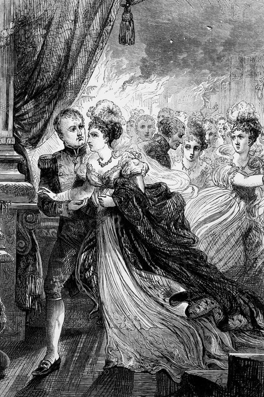 Emperor Bonaparte and Empress Marie Louise fleeing from a fire during a ball organised by the Austrian ambassador in 1810, digital reproduction of a historical model