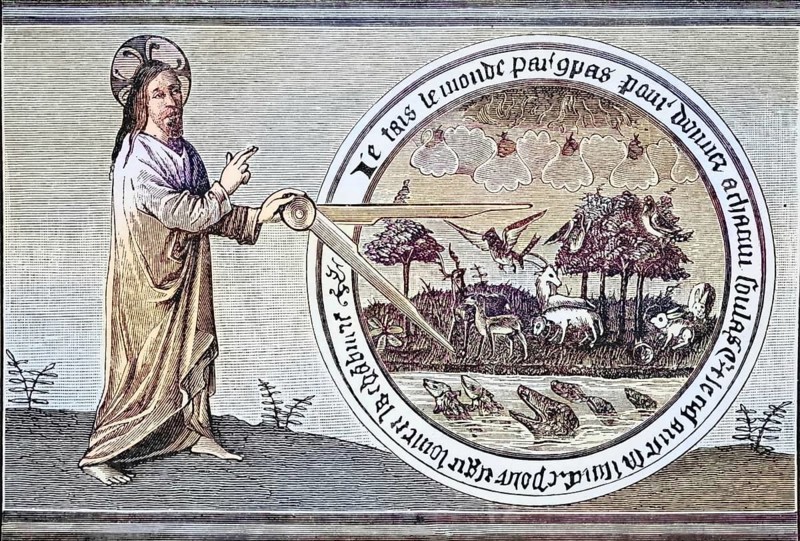 God creates the world with a compass from the 15th century miniature in Brunetto Latini's safe from Science and Literature in the Middle Ages by Paul Lacroix, published in London in 1878, coloured, digital reproduction of a historical model