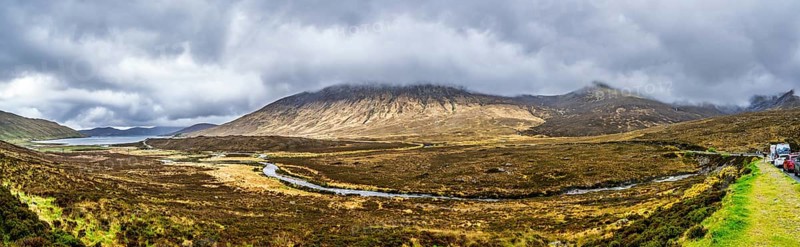 Panorama of Eas a' Bhradain waterfall, Red Cuillin mountains, Loch Ainort, Isle of Skye, Scotland, UK